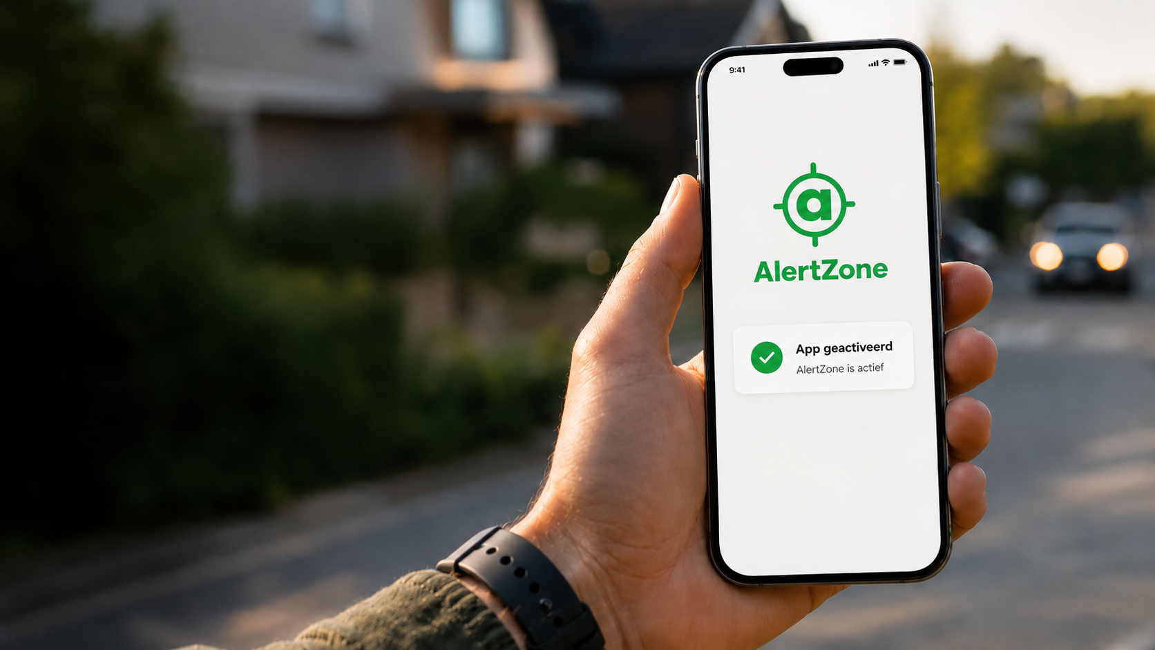 De AlertZone-app met een veilige zone op de kaart