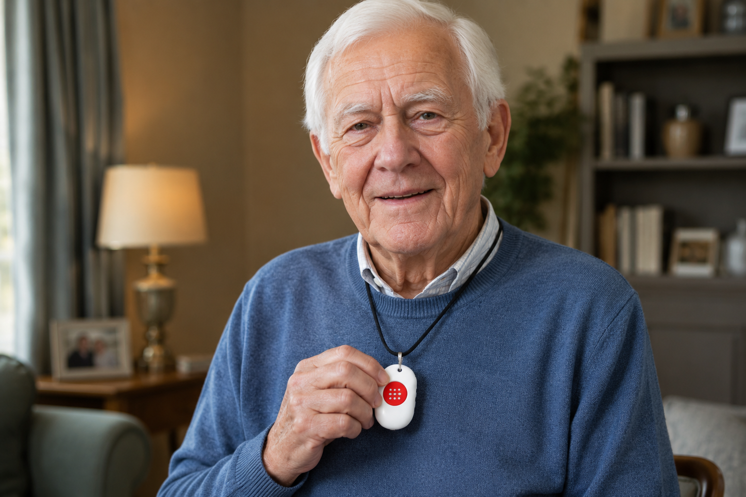 Oudere man met alarmsieraad in een huiselijke omgeving